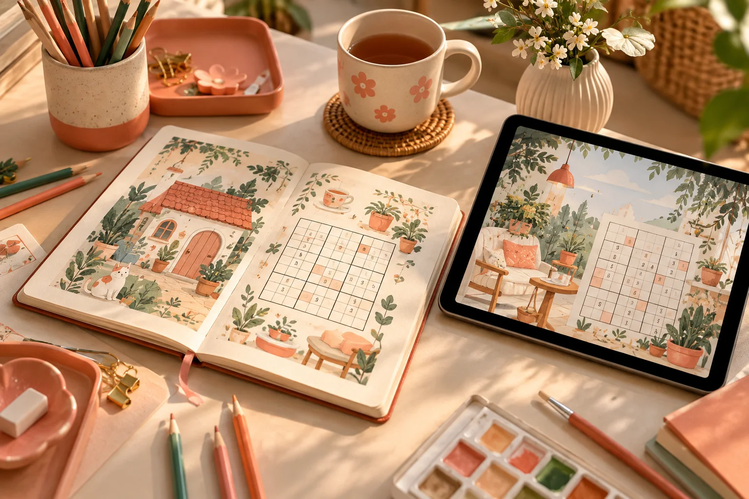 Illustrationsmaterial und Tablet Illustrationsmaterial und Tablet