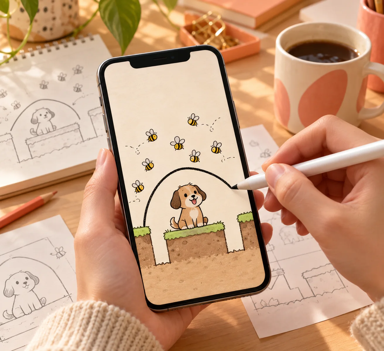Telefon und Stift für einen Spieltest