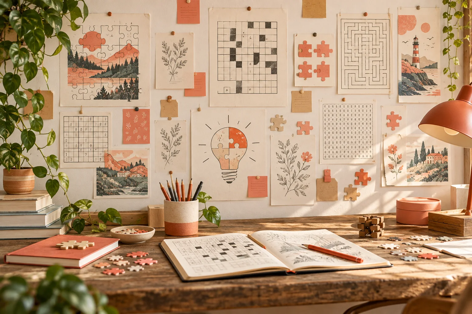 Wand mit Puzzleskizzen